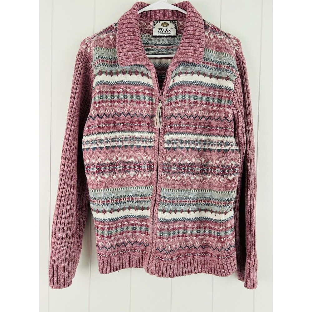 Vintage Tiara Super Soft Chenille Pink Cozy Zip up Cardigan Sweater 80s 90s L/XL